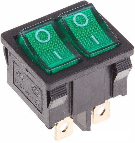 Выключатель клавишный 250V 6А (6с) ON-OFF зеленый с подсветкой ДВОЙНОЙ  Mini  REXANT   (10)