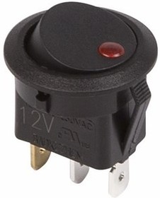 Выключатель клавишный круглый 12V 16А (3с) ON-OFF черный  с красной подсветкой  REXANT   (10)