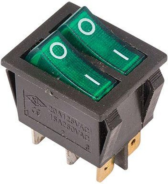 Выключатель клавишный 250V 15А (6с) ON-OFF зеленый  с подсветкой  ДВОЙНОЙ  REXANT   (10)