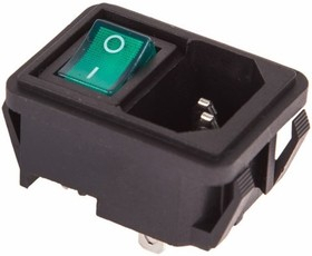 Выключатель клавишный 250V 10А (4с) ON-OFF зеленый с подсветкой и штекером C14 3PIN  REXANT   (10)