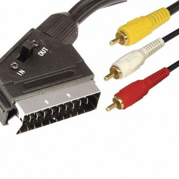 Шнур SCART Plug - 3RCA Plug  с переключателем  1.5М  (GOLD)  (плоский провод)  REXANT