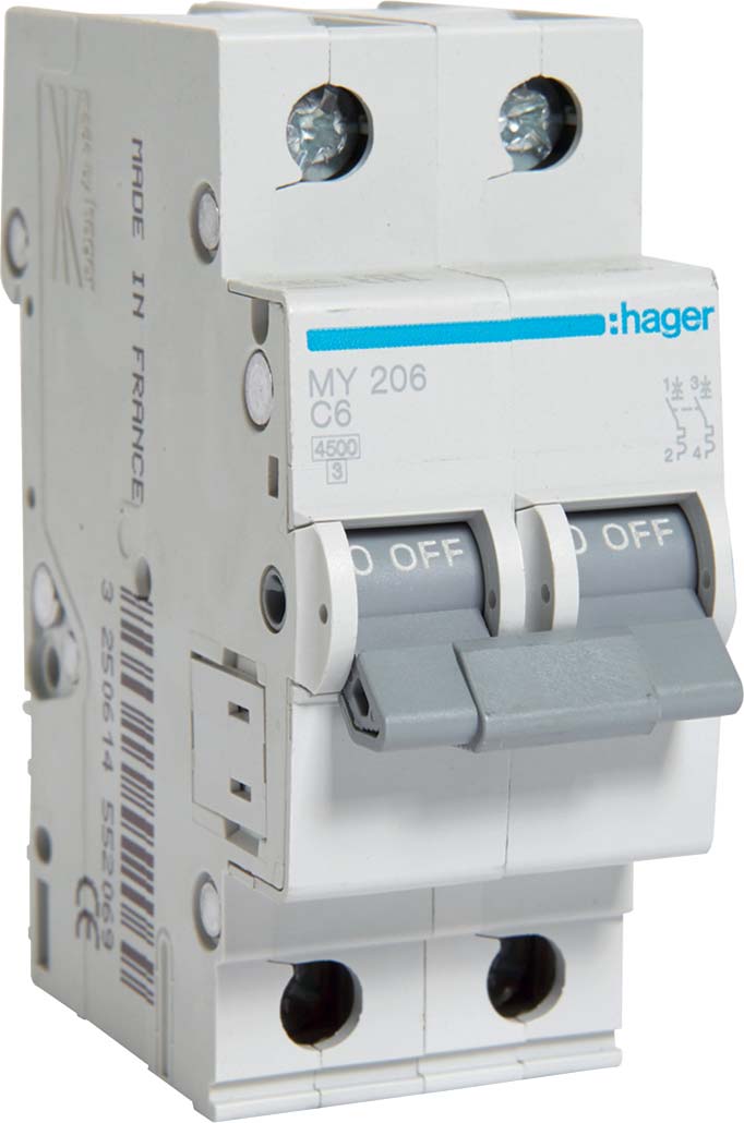Hager Автоматический выключатель 2P 4.5kA C-6A 2M