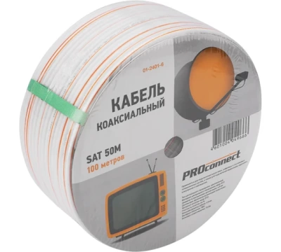 Кабель коаксиальный PROconnect SAT 50 M, Cu/Al/Cu, 64%, 75 Ом, бухта 100 м, белый