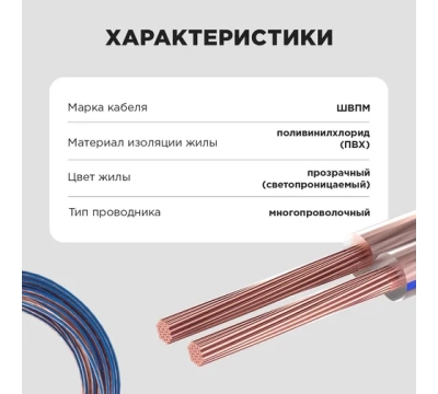 Кабель акустический 2х0,75 мм² прозрачный BLUELINE (м. бухта 20 м) REXANT