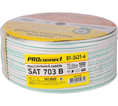 Кабель SAT 703 B, Cu/AL/Cu, (64%), 75 Ом, 100м, белый PROCONNECT