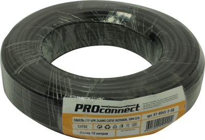 Кабель UTP PROconnect 4PR 24AWG, CCA, CAT5e, PE, черный, OUTDOOR, бухта 50 м
