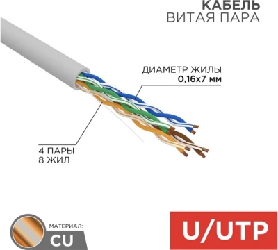 Кабель витая пара REXANT UTP 4PR 24AWG, CAT5e, STRANDED (бухта 305 м)