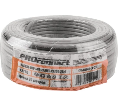 Кабель UTP PROconnect 4PR 24AWG, CCA, CAT5e, PVC, серый, бухта 25 м