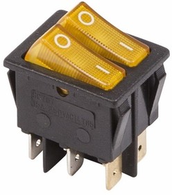 Выключатель клавишный 250V 15А (6с) ON-OFF желтый  с подсветкой  ДВОЙНОЙ  REXANT   (10)